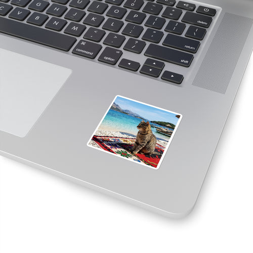 Cat on Beach Square Sticker — Scenic Travel Cat Laptop Decal