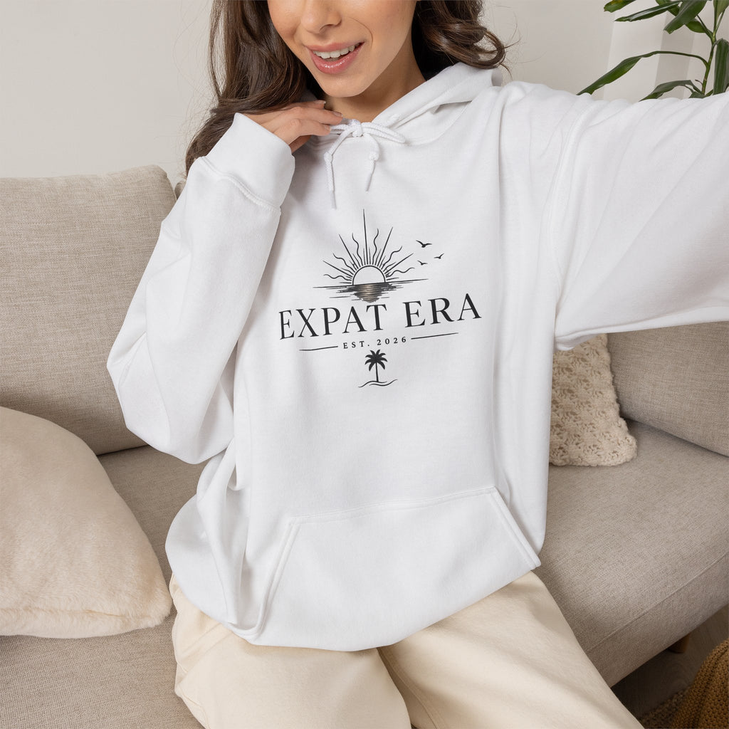 Expat Era Hoodie — Minimal Tropical Sun & Palm Travel Sweatshirt