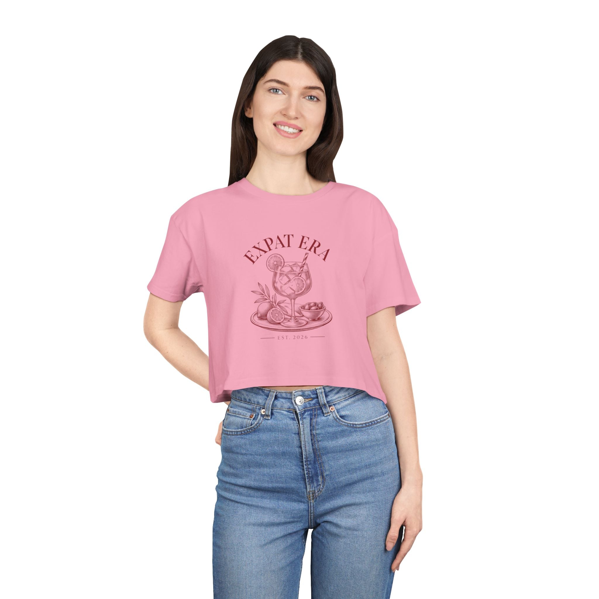 Crop Tee — "Expat Era" Vintage Travel Cocktail Graphic Top