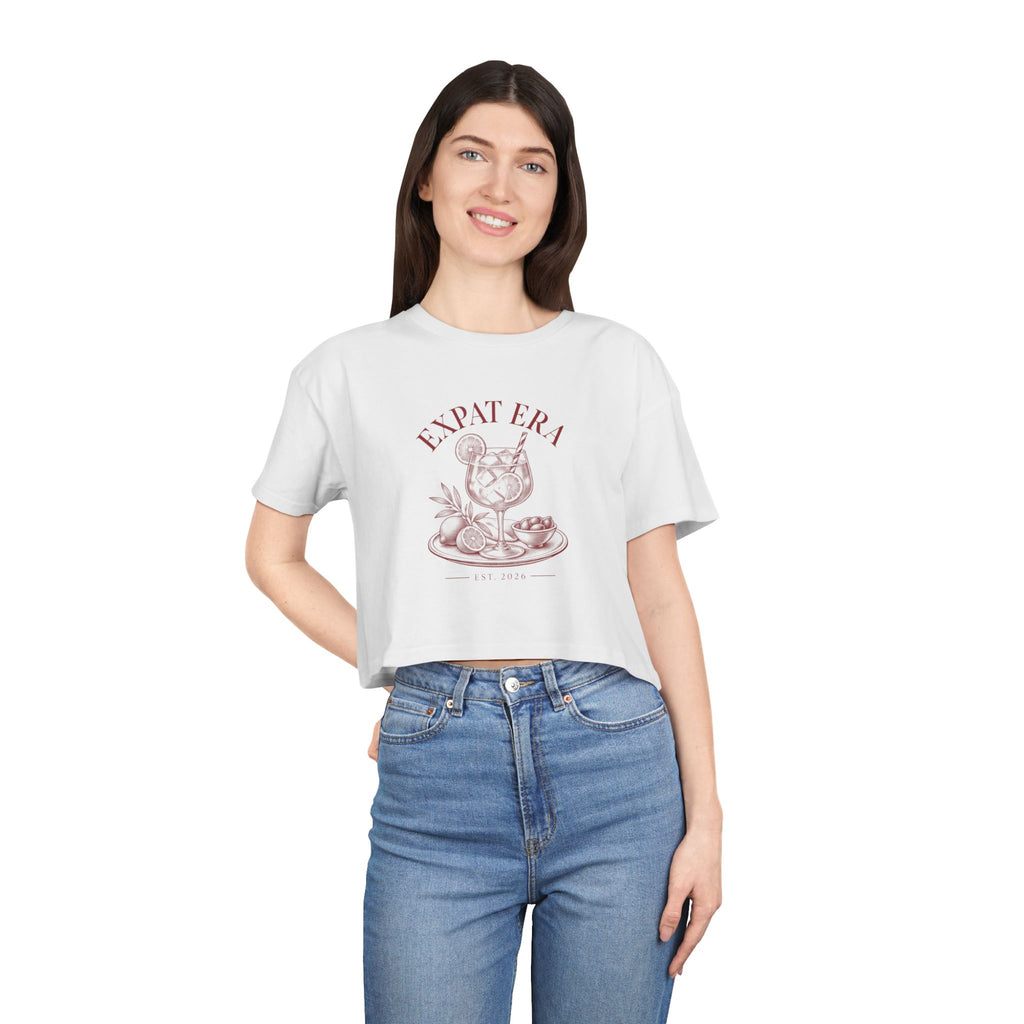 Crop Tee — "Expat Era" Vintage Travel Cocktail Graphic Top