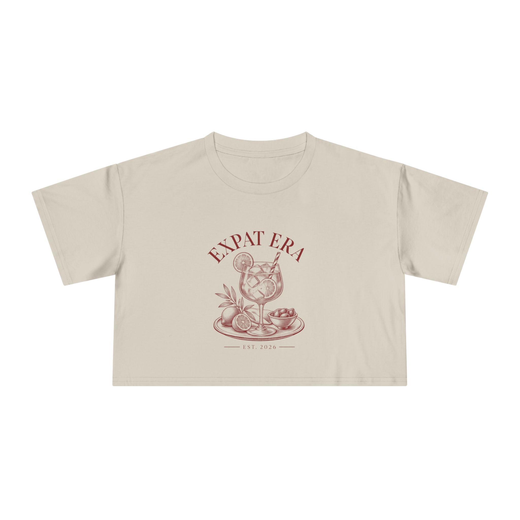 Crop Tee — "Expat Era" Vintage Travel Cocktail Graphic Top