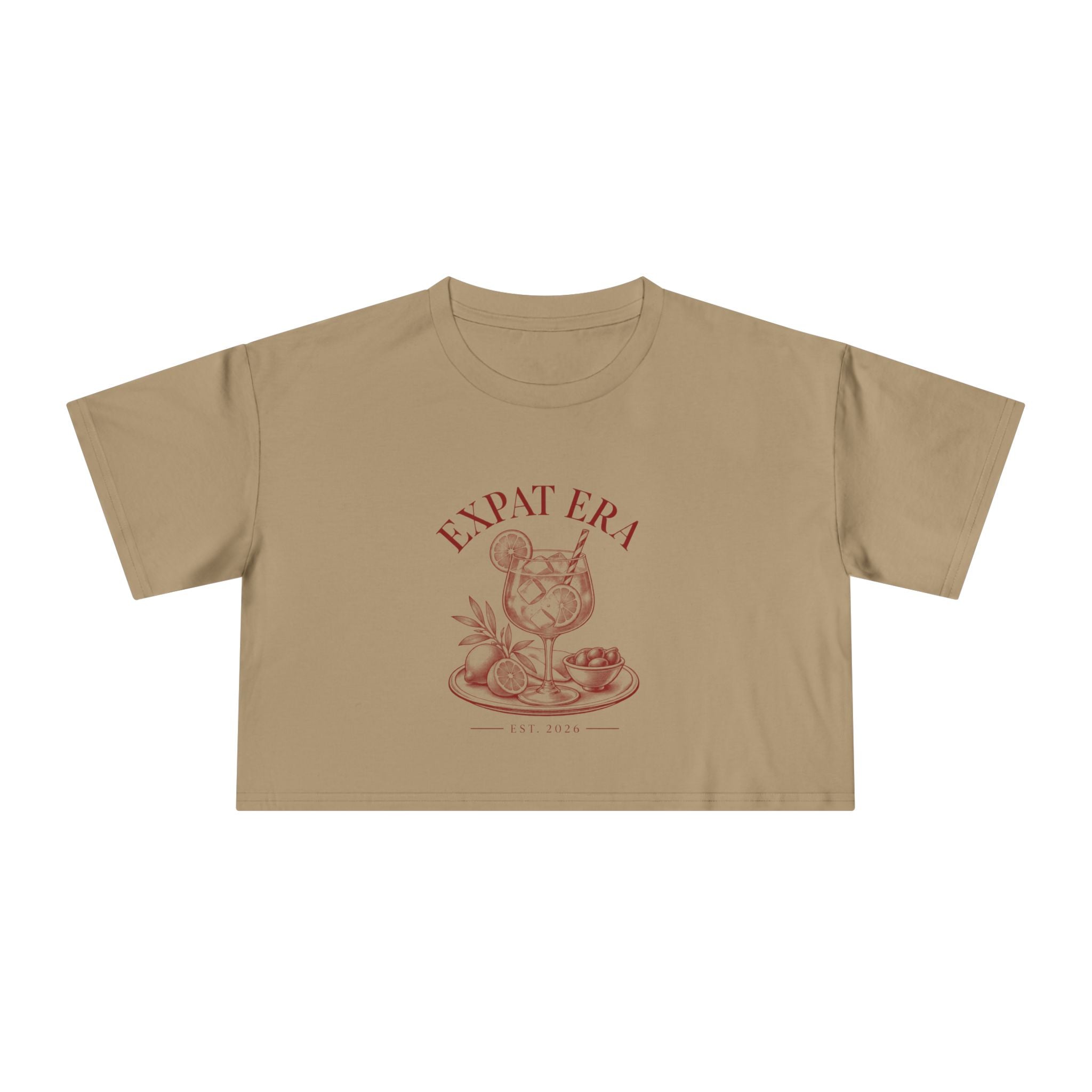 Crop Tee — "Expat Era" Vintage Travel Cocktail Graphic Top
