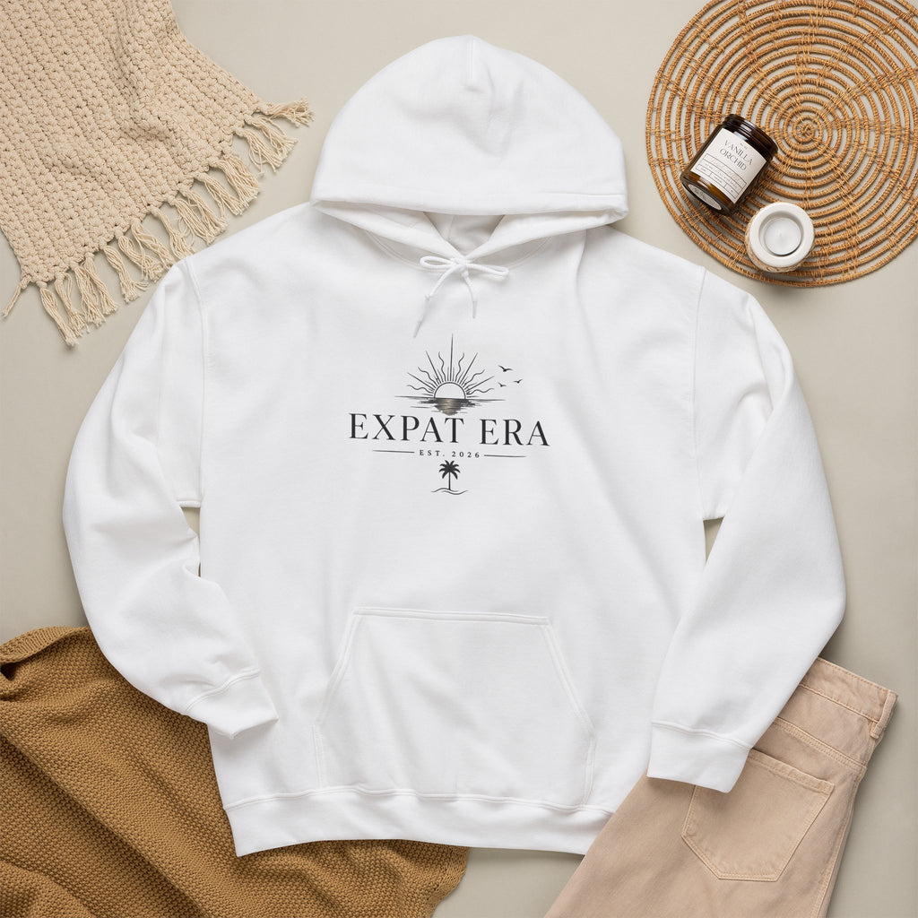Expat Era Hoodie — Minimal Tropical Sun & Palm Travel Sweatshirt