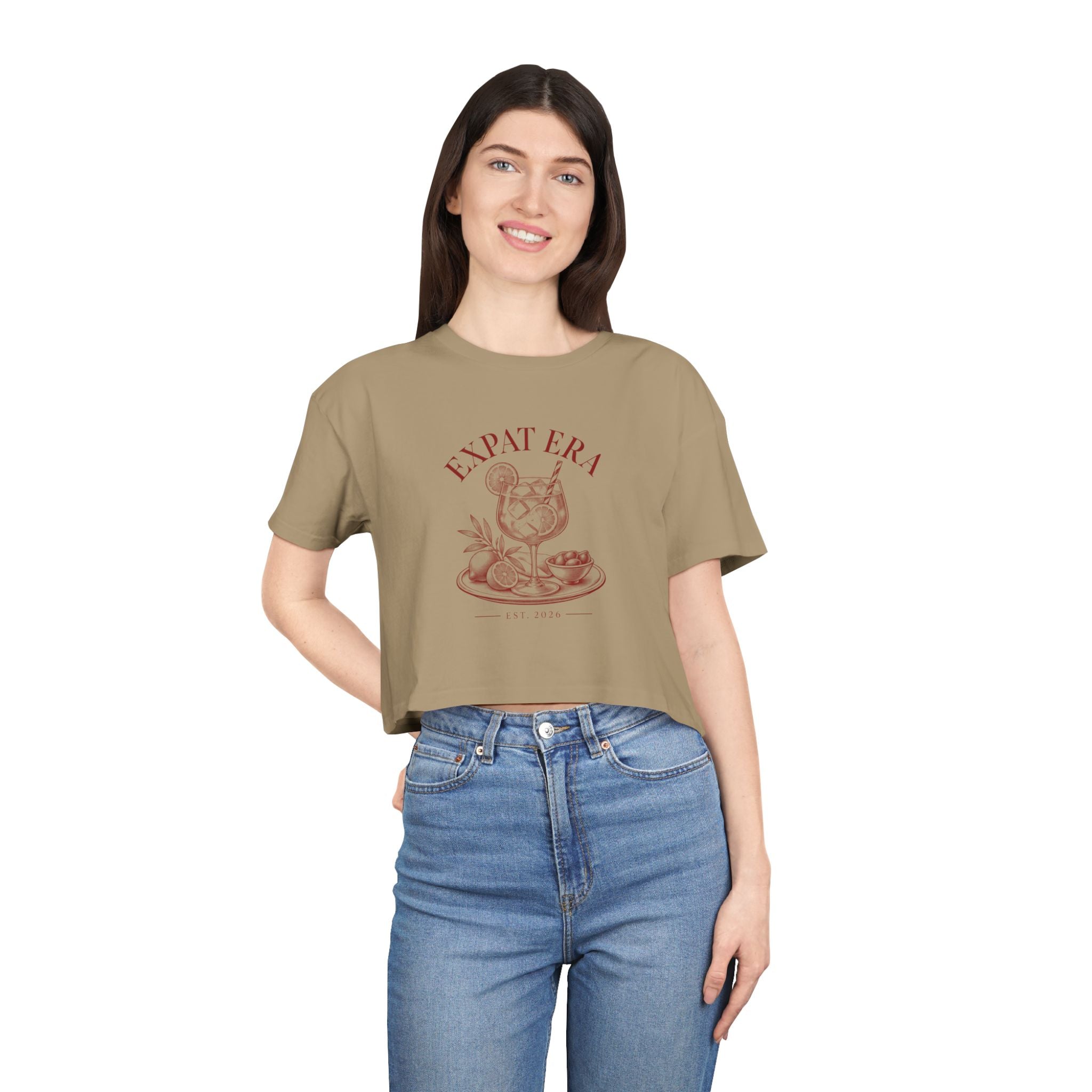 Crop Tee — "Expat Era" Vintage Travel Cocktail Graphic Top