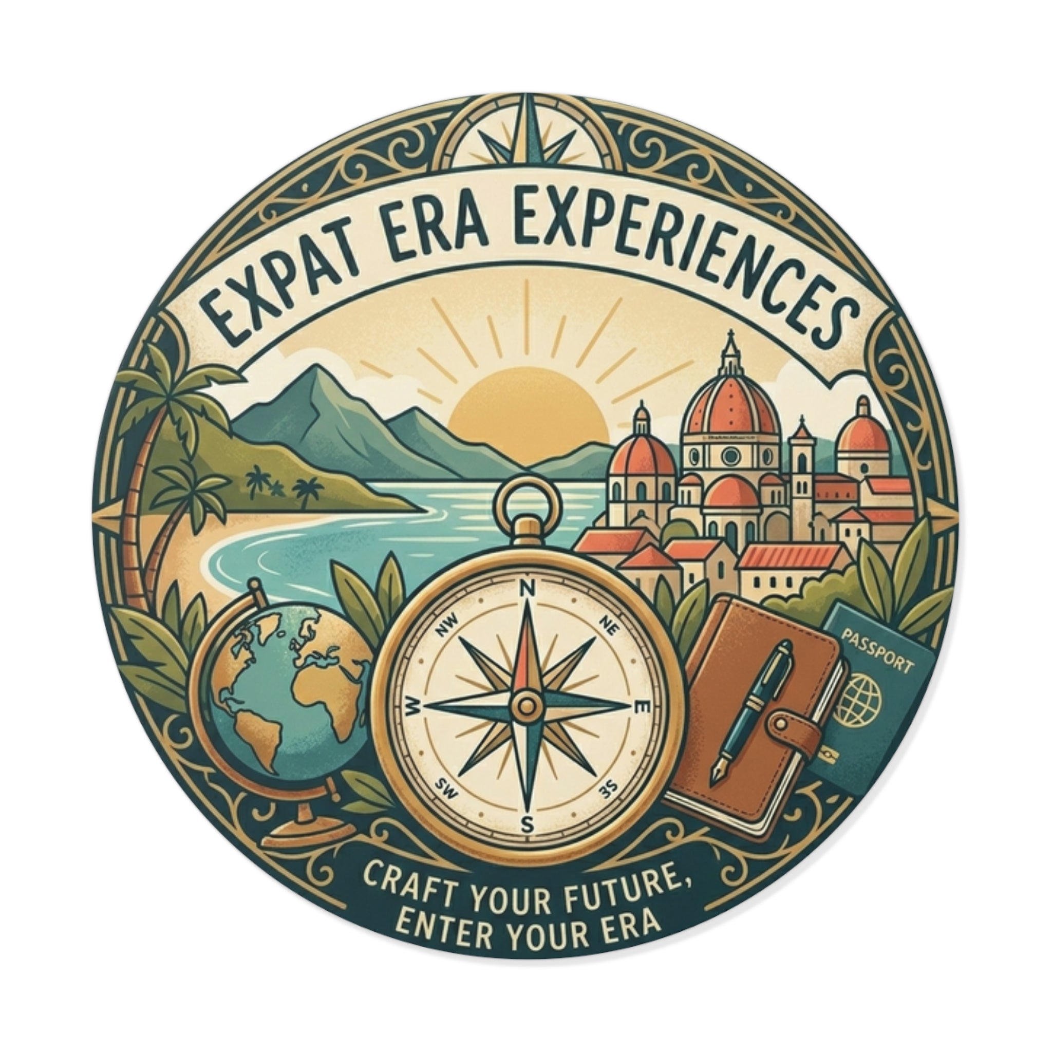 Expat Era Experiences - Round Travel Sticker - Compass & Passport Vinyl Decal