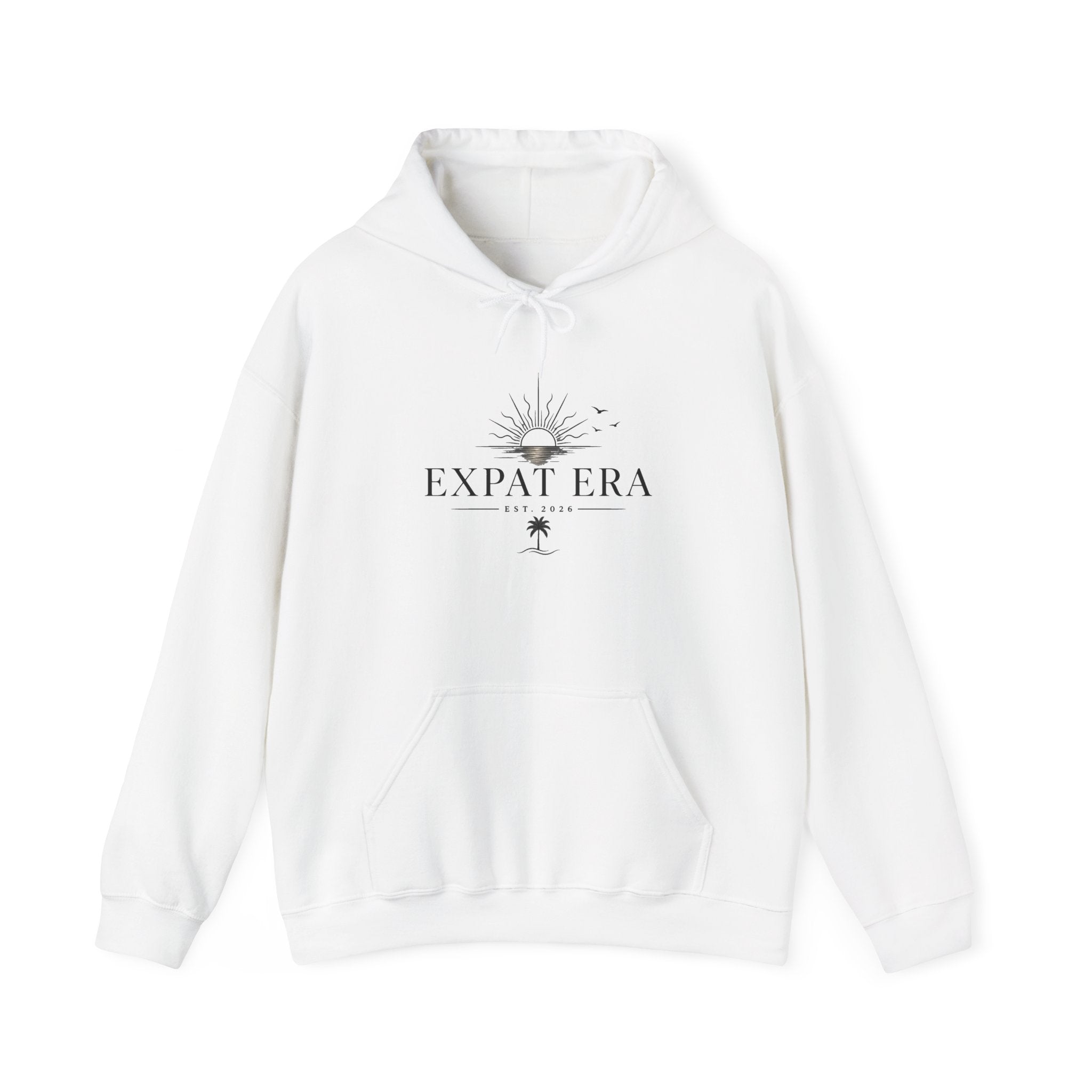 Expat Era Hoodie — Minimal Tropical Sun & Palm Travel Sweatshirt