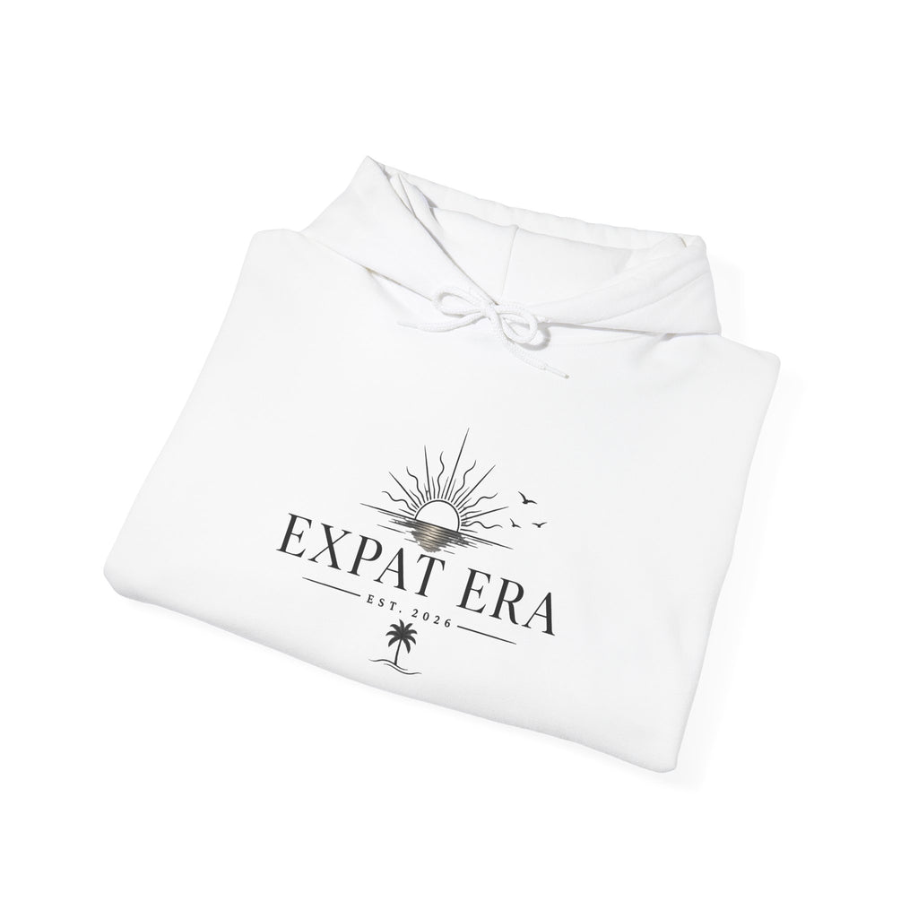 Expat Era Hoodie — Minimal Tropical Sun & Palm Travel Sweatshirt