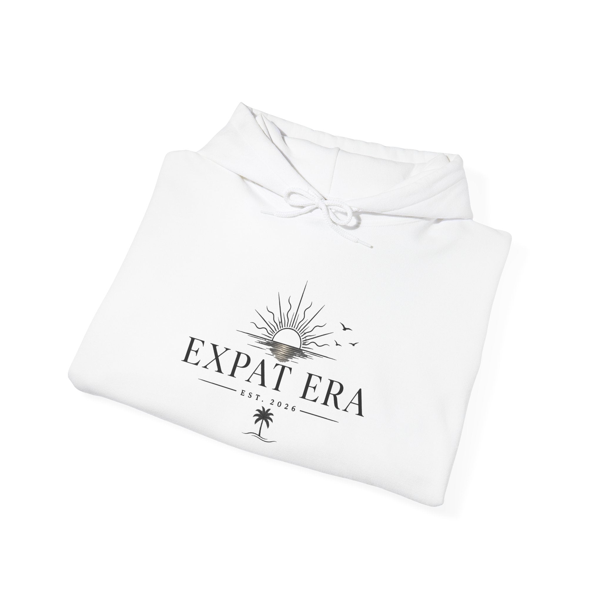 Expat Era Hoodie — Minimal Tropical Sun & Palm Travel Sweatshirt