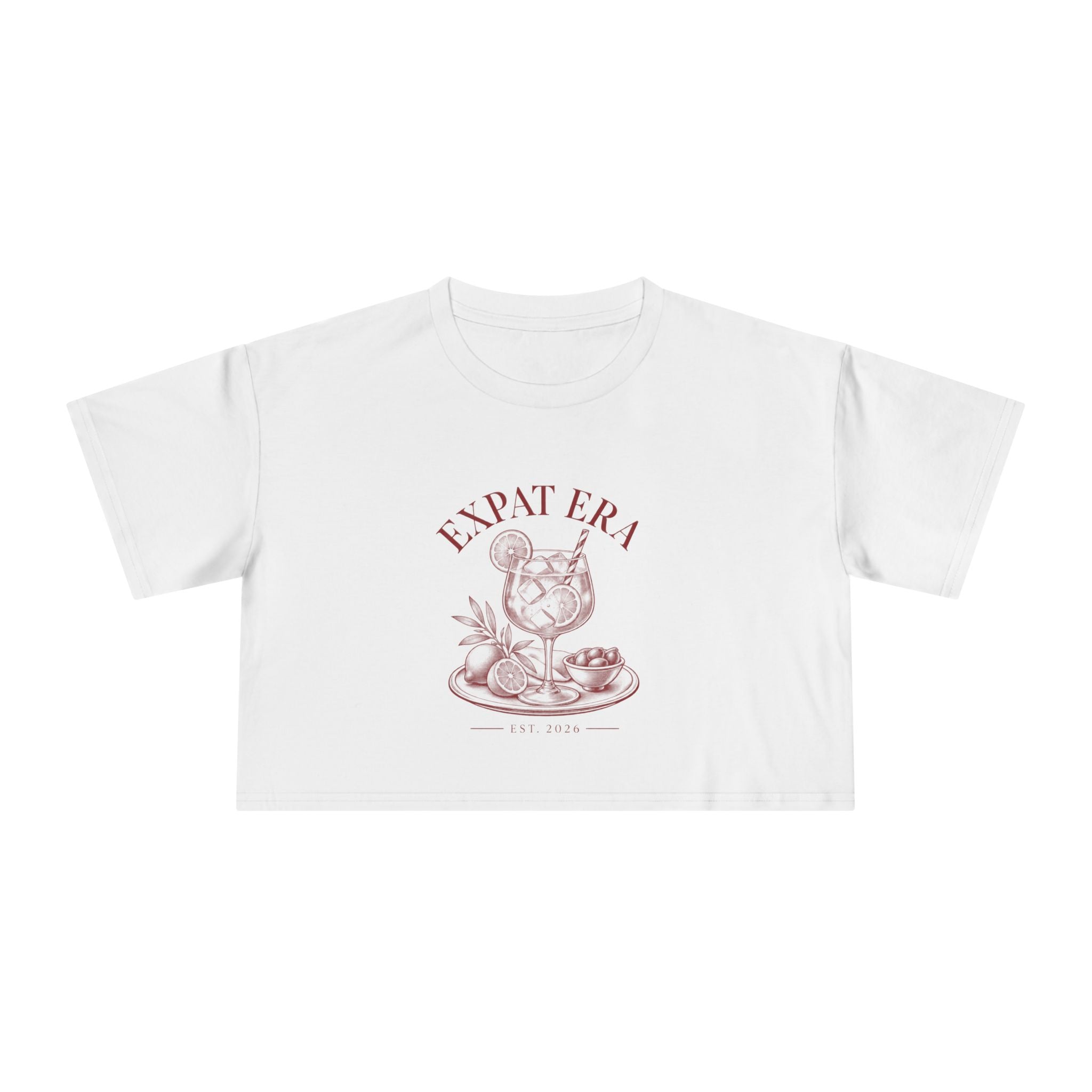 Crop Tee — "Expat Era" Vintage Travel Cocktail Graphic Top