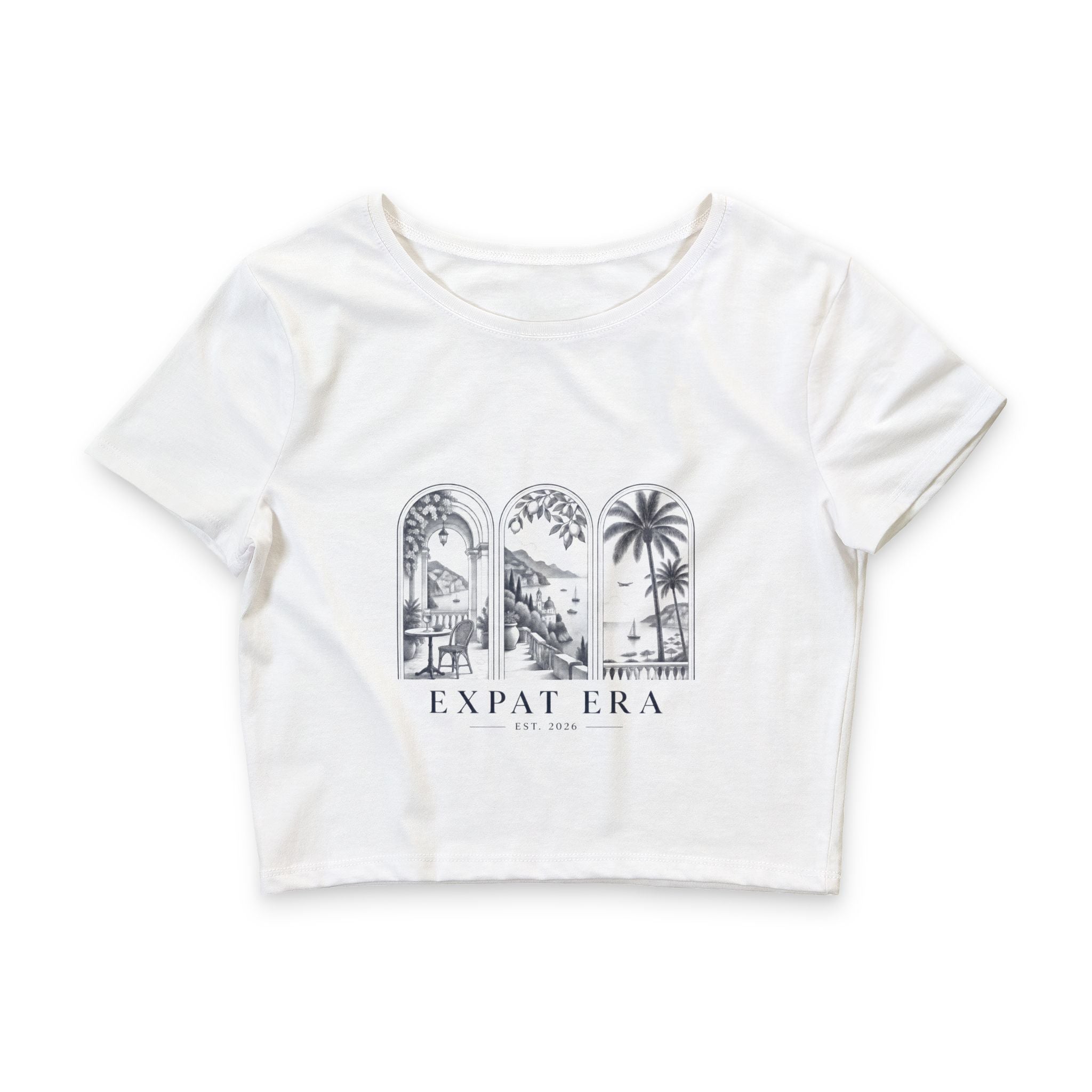 Expat Era Crop Tee — Vintage Travel Arch Graphic Women’s Crop Top